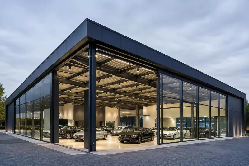Construción da sala de exposicións de coches con marco de aceiro